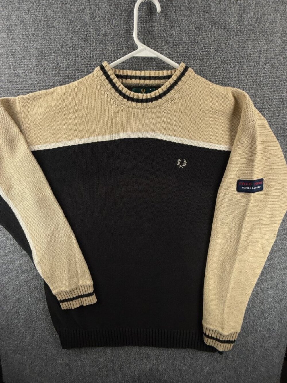 VTG Fred Perry Pullover Crew Neck Sweater Beige Black Medium Preppy K1310 Knit